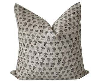 Blue Flower Linen Blockprint Pillow Cover