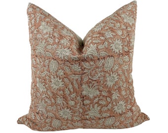 Blush Linen Block Print Pillow Cover, Hand Block Print on Textured Linen Pillow, Floral Pillow