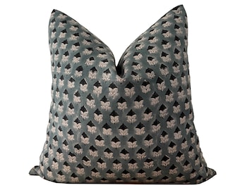 Blue Linen Block Pillow Cover