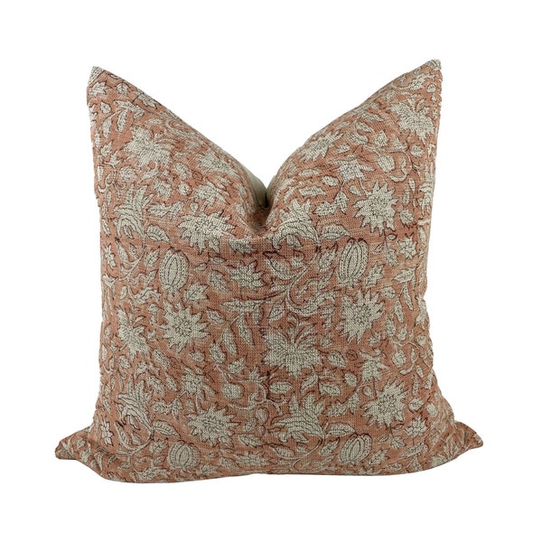 Blush Linen Block Print Pillow Cover, Hand Block Print on Textured Linen Pillow, Floral Pillow