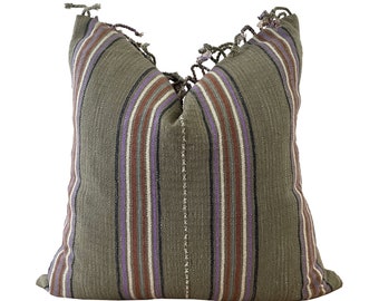 Housse de coussin à rayures vert olive, coussin tissé double face