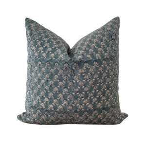 Blue Block Print Linen Pillow Cover, Hand Blocked Designer Pillows