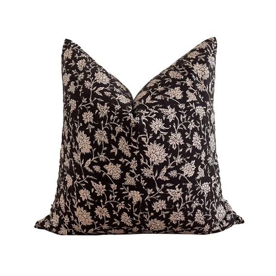 Black Floral Block Print Pillow Cover | Organic Cotton Bagru Print