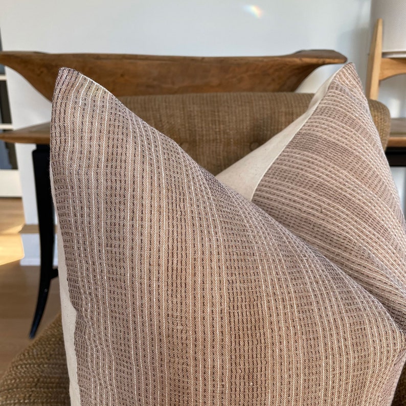 Brown Neutral Stripe Pillow Cover with Dark Brown Sashiko Stitching, Modern Farmhouse Pillow image 4