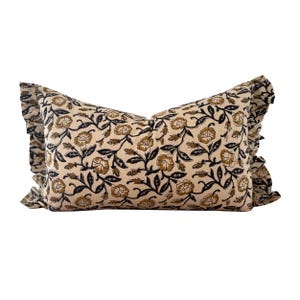 Mustard Floral Block Print Pillow Cover with Frill.  15&quot; x 26&quot; Ruffled Lumbar Pillow