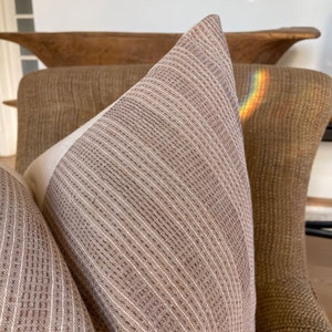 Brown Neutral Stripe Pillow Cover with Dark Brown Sashiko Stitching, Modern Farmhouse Pillow image 5