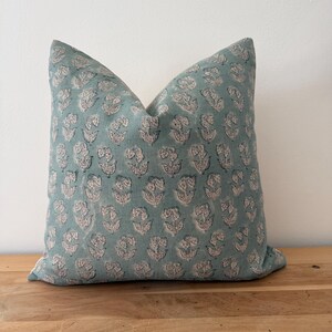 Light Blue Linen Pillow Cover: Hand-loomed Block Print Lumbar Pillow image 7