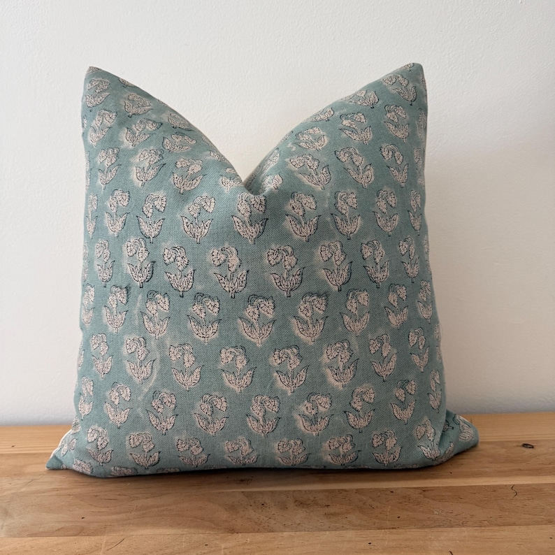Light Blue Linen Pillow Cover: Hand-loomed Block Print Lumbar Pillow image 7