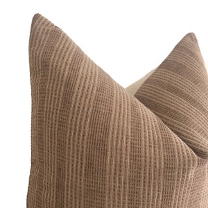 Brown Neutral Stripe Pillow Cover with Dark Brown Sashiko Stitching, Modern Farmhouse Pillow image 6