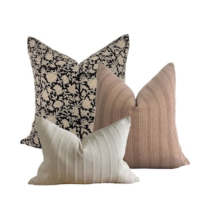 Brown Neutral Stripe Pillow Cover with Dark Brown Sashiko Stitching, Modern Farmhouse Pillow image 8