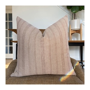 Brown Neutral Stripe Pillow Cover with Dark Brown Sashiko Stitching, Modern Farmhouse Pillow image 2