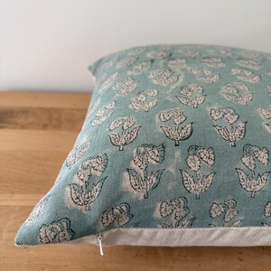 Light Blue Linen Pillow Cover: Hand-loomed Block Print Lumbar Pillow image 10