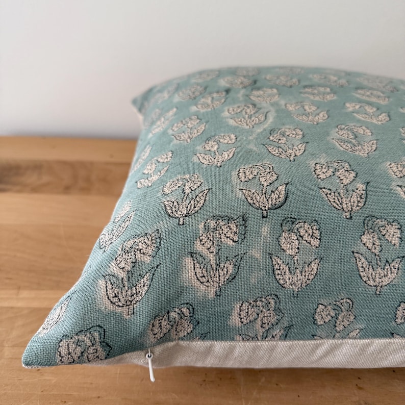 Light Blue Linen Pillow Cover: Hand-loomed Block Print Lumbar Pillow image 10