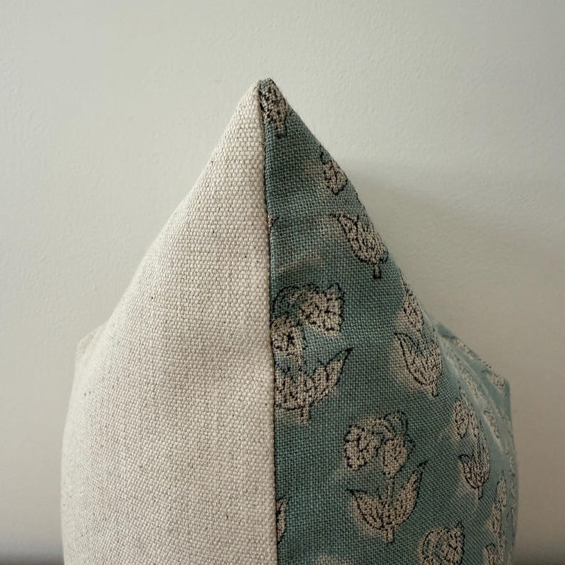 Light Blue Linen Pillow Cover: Hand-loomed Block Print Lumbar Pillow image 9