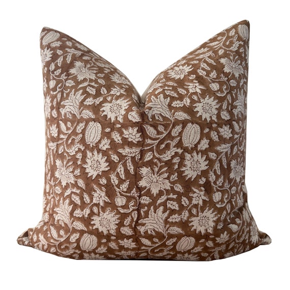 Brown Floral Block Print Linen Pillow Cover | Dyelot 2