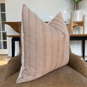 Brown Neutral Stripe Pillow Cover with Dark Brown Sashiko Stitching, Modern Farmhouse Pillow image 3