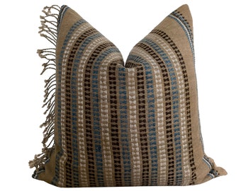 Light Brown and Blue Wool Pillow Cover, Designer Woven Pillows