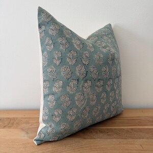 Light Blue Linen Pillow Cover: Hand-loomed Block Print Lumbar Pillow image 8