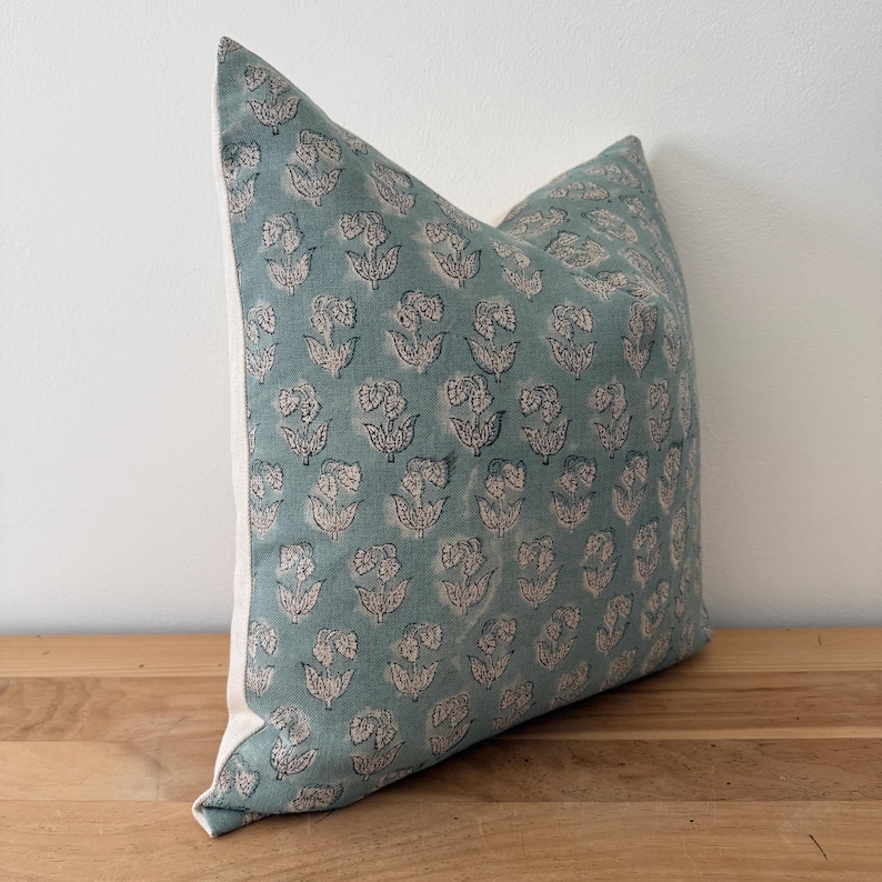 Light Blue Linen Pillow Cover: Hand-loomed Block Print Lumbar Pillow image 8