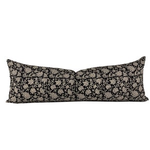 Block Print Black Floral Lumbar Pillow Cover, Cotton Block Print Pillow,  Neutral Throw Pillow, Designer Pillow