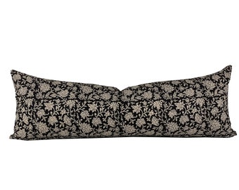 Block Print Black Floral Lumbar Pillow Cover, Cotton Block Print Pillow,  Neutral Throw Pillow, Designer Pillow