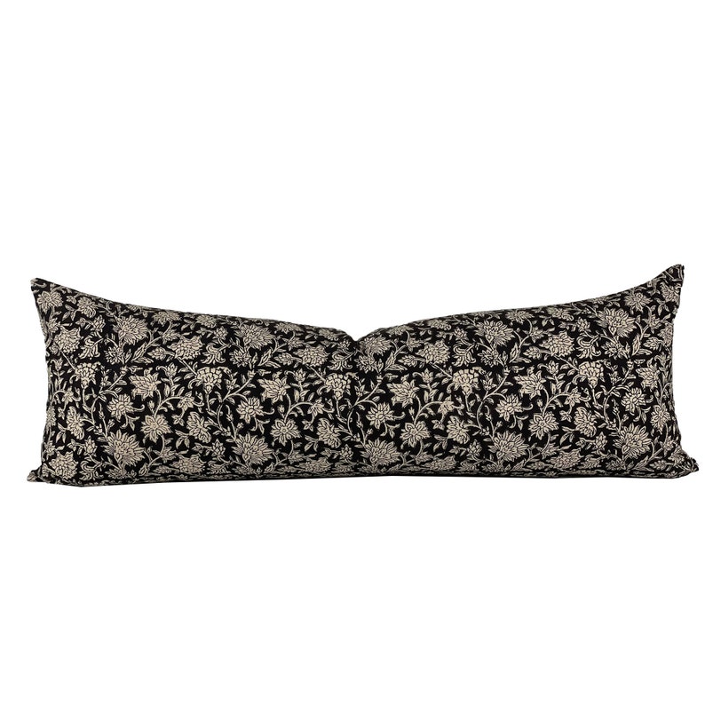 Block Print Black Floral Lumbar Pillow Cover Cotton Block Etsy