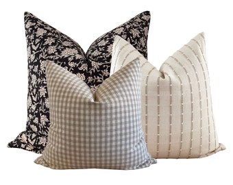 Pillow Cover Combination Set of 3, Block Print, Stripe and Plaid Neutral Pillow Combination