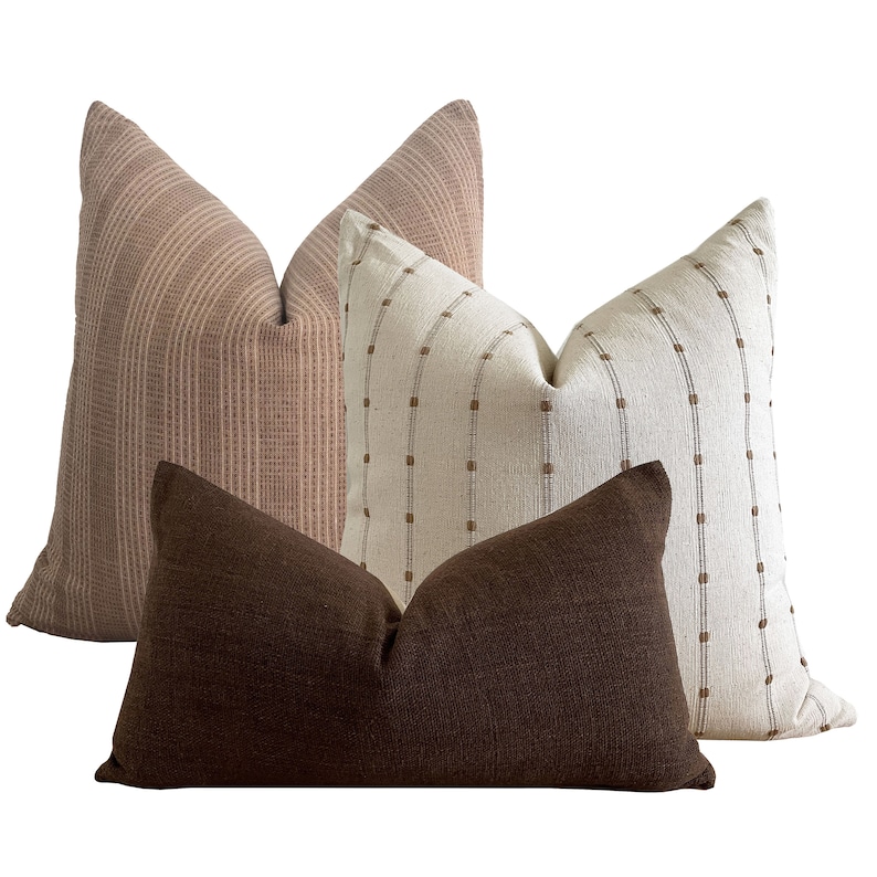 Brown Neutral Stripe Pillow Cover with Dark Brown Sashiko Stitching, Modern Farmhouse Pillow image 9