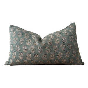 Light Blue Linen Block Print Pillow Cover, Block Print Lumbar Pillows