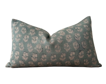 Light Blue Linen Pillow Cover: Hand-loomed Block Print Lumbar Pillow