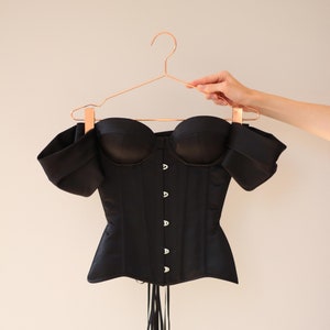 Black Satin Corset with Detachable Sleeves, Cupped Overbust Corset Top, Custom Made Bustier for Elegance and Style, Perfect for Any Occasion