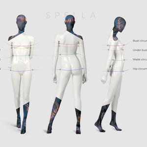 May include: A white mannequin with four lines of colored string marking bust, under bust, waist, and hip circumference. The mannequin is wearing black and blue patterned tights.