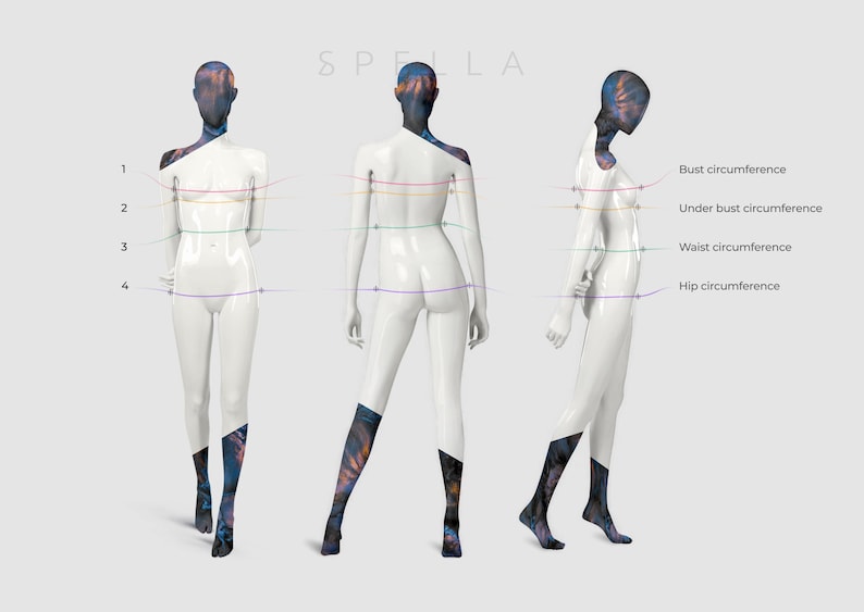 May include: A white mannequin with four lines of colored string marking bust, under bust, waist, and hip circumference. The mannequin is wearing black and blue patterned tights.