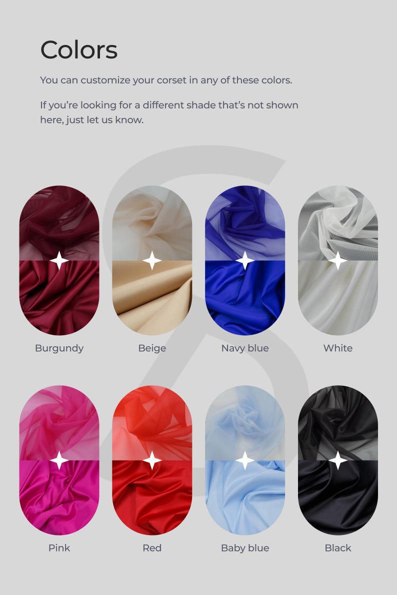 May include: A chart showing eight different fabric colors for a corset. The colors are burgundy, beige, navy blue, white, pink, red, baby blue, and black.