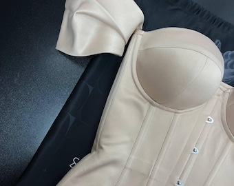 Beige Overbust Corset Top, Custom Made Bustier for Bridesmaid Outfit or Prom, Steel Boned Renaissance Bustier Top, Mesh Corset