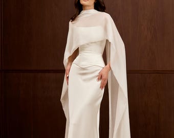 Pearl White Satin Corset, Maxi Skirt & Chiffon Scarf