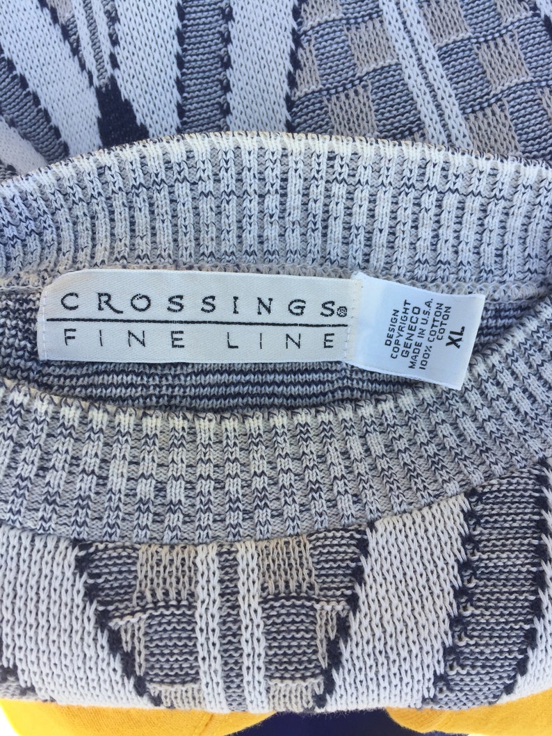 80s Crossings Fine Line geometric pattern knit cotton Navy /& White crew neck pullover Sweater tag XL made in USA baggy retro vtg vintage