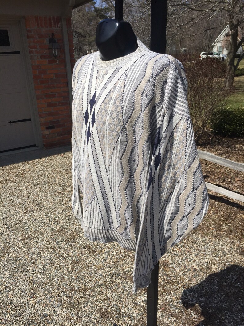 80s Crossings Fine Line geometric pattern knit cotton Navy /& White crew neck pullover Sweater tag XL made in USA baggy retro vtg vintage