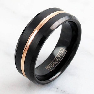 Black Men&#39;s Tungsten Ring Band Gold Stripe - Black Gold Tungsten Wedding Ring Band Custom Engrave LIFETIME WARRANTY