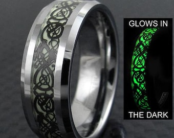 Silver Tungsten Ring w/ Black Celtic Dragon Glow in The Dark - Lifetime Warranty on all Custom Engraved Tungsten Rings