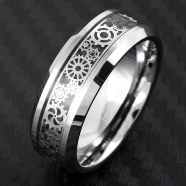 Silver Tungsten Ring With Black Clock Work Gearbox