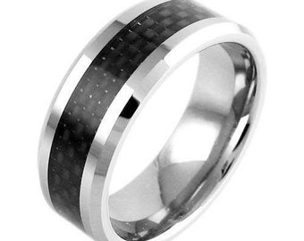 Silver Tungsten Ring w/ Black Graphite Carbon Fiber - Lifetime Warranty on all Custom Engraved Tungsten Rings
