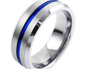 Two Tone Tungtsten Ring w/ Brushed Finish Outer Band Blue Stripe Belveled Edges - Lifetime Warranty on all Custom Engraved Tungsten Rings
