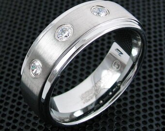 Silver San Antonio Tungsten Ring w/ 3 Bezel Set CZs & Stepped Edges - Lifetime Warranty on all Custom Engraved Tungsten Rings