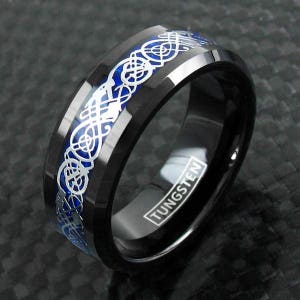 Black Tungsten Ring Blue Celtic Dragon Dark Blue Inlay - Men&#39;s Women&#39;s Tungsten Ring 8mm LIFETIME WARRANTY