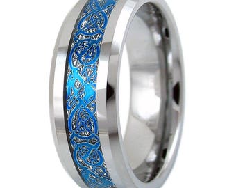 Silver Tungsten Ring Royal Blue Celtic Dragon - Custom Engraved Tungsten Ring - Personalize Wedding Band Promise ring - Men - Women