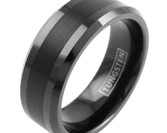 Minimalist Black Miami Tungsten Ring w/ Brushed Finish Beveled Edges - Lifetime Warranty on all Custom Engraved Tungsten Rings