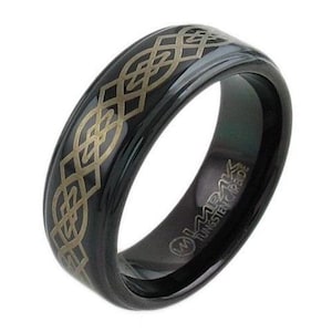 Black Tungsten Ring w/ 14k Gold Celtic Knot Overlay - Lifetime Warranty on all Custom Engraved Tungsten Rings