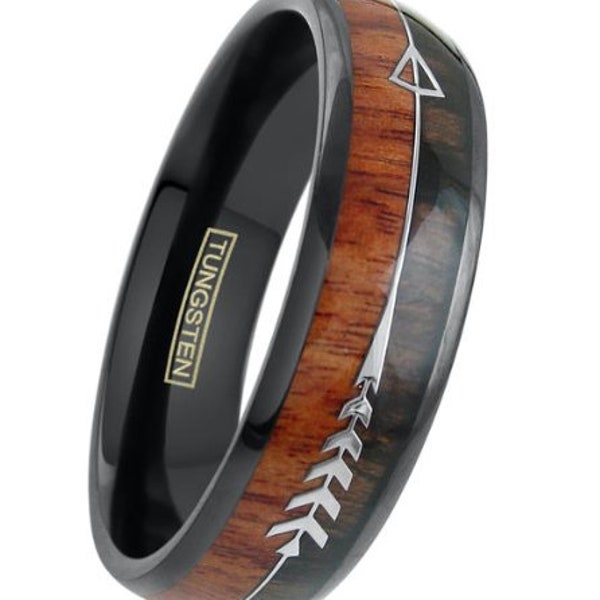 Arrow Tungsten Ring - Black Brown Arrow Ring Tungsten Wedding Band - Custom Engraved Personalized Lifetime Warranty