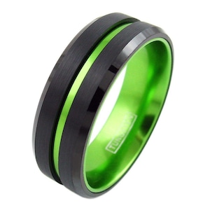 black and green tugnsten band with green stripe - Lifetime Warranty on all Custom Engraved Tungsten Rings